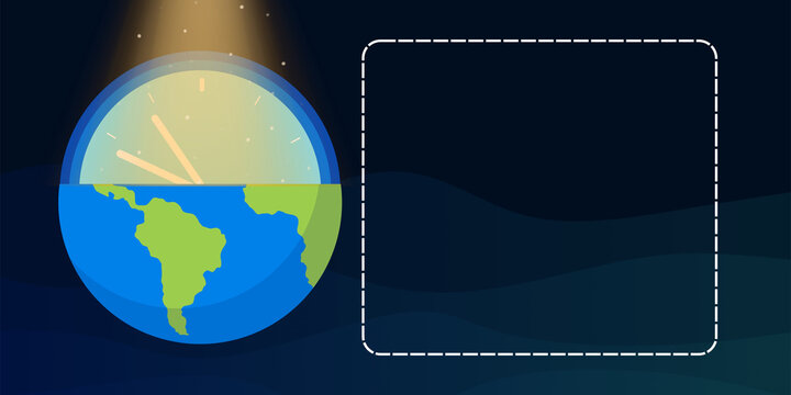 Daylight's Embrace: An abstract digital rendering of the Earth, divided to represent day and night, coupled with a clock, inviting contemplation on time and global harmony.