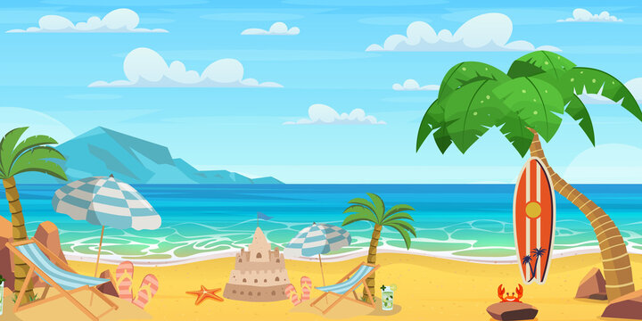 Tropical Paradise: A serene illustration of a tropical beach with inviting waves, pristine sand, and palm trees, evoking a sense of calm and leisure.