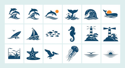 Marine themed icon set featuring stylized dolphins whales waves ships lighthouses seahorses and sunset symbols in bold blue tones © Shovon