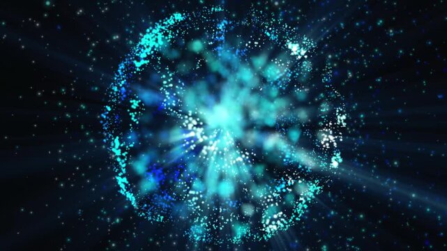 An abstract sphere of blue and light blue glowing particles on a dark background, with rays and dots spreading out from the center, creating the effect of a cosmic explosion or galaxy.