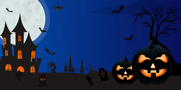 Nocturne of Halloween: A silhouette of a haunted manor, illuminated jack-o'-lanterns, and a full moon against a night sky, evoke a sense of eerie allure, perfect for the season. 