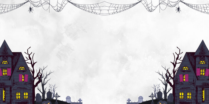 Haunted Realm of Night: Spooky backdrop, featuring a spooky house, spider webs, and ominous clouds, a chilling scene.