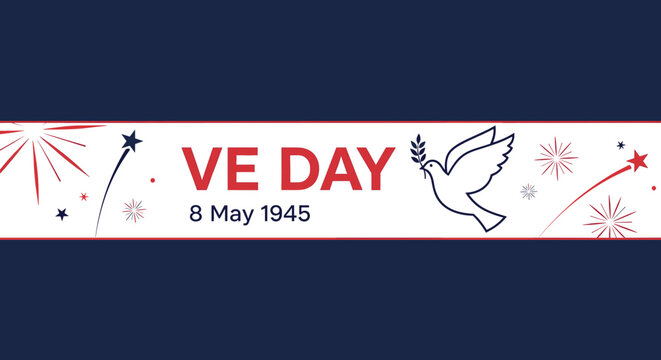 A banner commemorating VE Day on 8 May 1945, featuring a dove of peace, fireworks, and stars on a dark blue background with a central stripe.