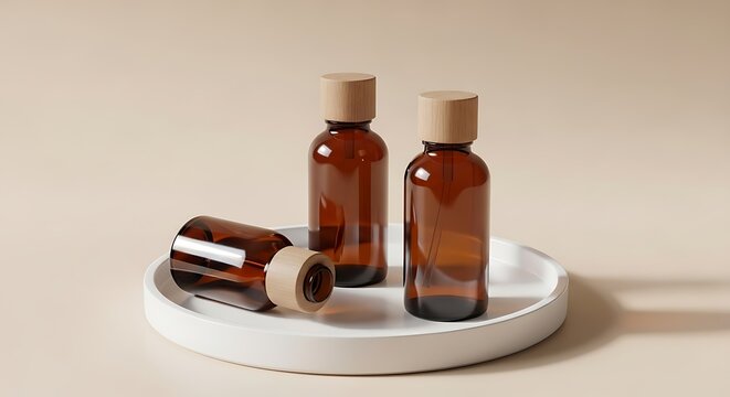 Three brown glass bottles with droppers on a white plate, essential oil