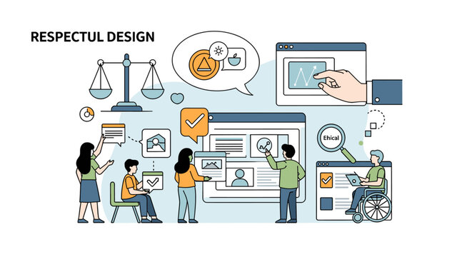 Illustration depicting respectful design principles with diverse individuals collaborating on accessible digital interfaces.