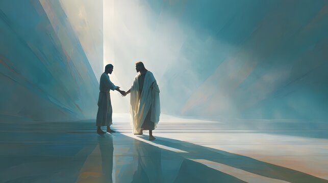 prompt Jesus healed and restored sight to the blind while the healed man extends his hands forward as if discovering the visible world for the first time, standing before Jesus in a simplified spiritu