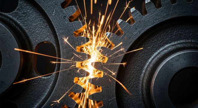 Intricate metallic gears mesh together creating a shower of bright orange sparks in a dynamic industrial background scene