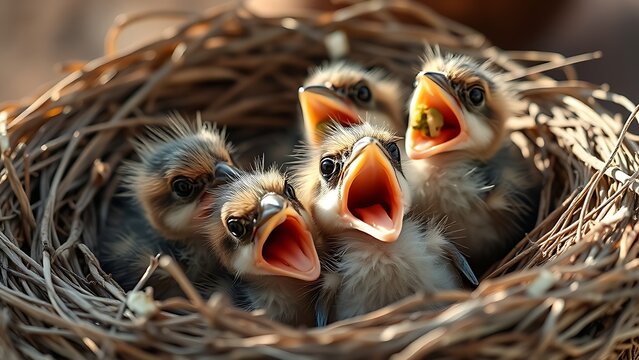 polymath. Newborn birds in nest with open beaks, soft morning light. wildlife magazines, conservation campaigns, designed for wildlife conservation campaigns.
