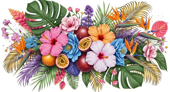 Lush tropical floral arrangement featuring exotic flowers, vibrant fruits, and large green leaves, creating a rich and abundant display of nature's beauty.