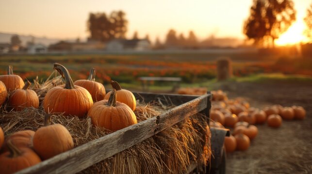 A harvest scene with pumpkins piled on a hay wagon, with the sun setting over a pumpkin patch in the background.