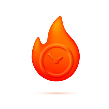 Fire flames with a clock with hands inside in a minimalist cartoon style. Limited time concept. Vector 3D illustration.