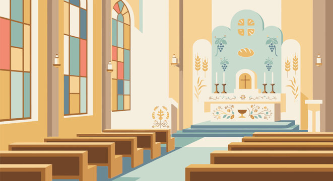 The interior of a church shows pews facing the altar through stained glass windows.