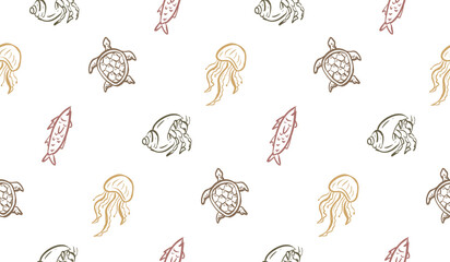 Ocean animals doodle background. Sea life pattern background. Marine creatures seamless pattern. Underwater animals hand drawn wallpaper containing turtle, jellyfish, fish, snail © Dean