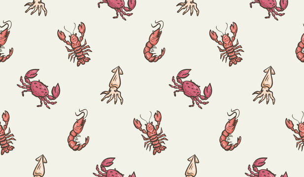 Seafood doodle background. Sea life pattern background. Marine creatures seamless pattern. Underwater animals hand drawn wallpaper containing lobster, crab, fish, and squid.
