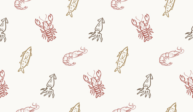Seafood doodle background. Sea life pattern background. Marine creatures seamless pattern. Underwater animals hand drawn wallpaper containing lobster, crab, fish, and squid.