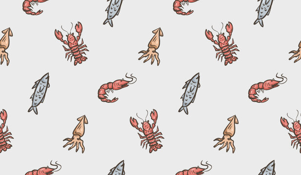 Seafood doodle background. Sea life pattern background. Marine creatures seamless pattern. Underwater animals hand drawn wallpaper containing lobster, crab, fish, and squid.