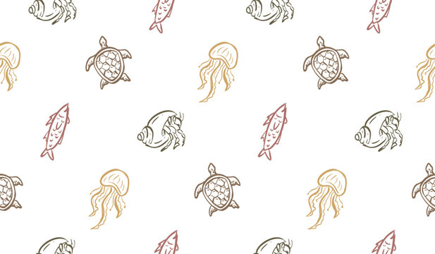 Ocean animals doodle background. Sea life pattern background. Marine creatures seamless pattern. Underwater animals hand drawn wallpaper containing turtle, jellyfish, fish, snail