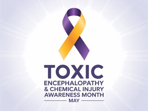Toxic encephalopathy and chemical injury awareness month in may with purple and yellow awareness ribbon on light background
