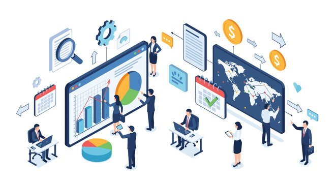 A group of corporate professionals conducts business analysis using interactive charts and a global map display within a bright and modern isometric office setting.