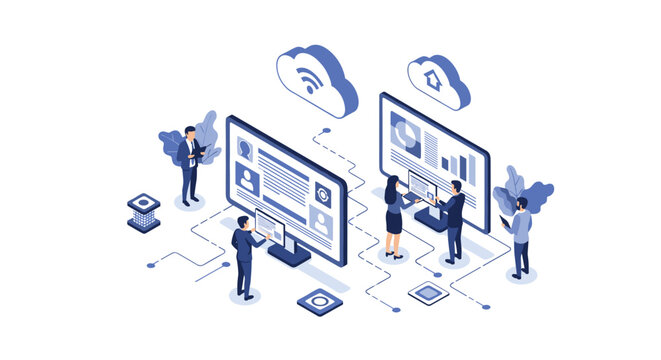 Professional office workers manage digital data on large computer screens connected to cloud storage icons within a clean blue and white isometric workspace environment.