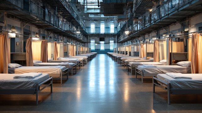 A prison dormitory with rows of beds, prison cells in the background, and security bars visible in the windows.