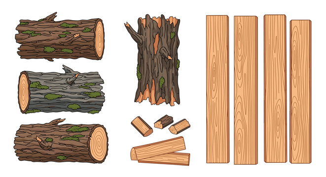 Rugged moss covered logs and a weathered tree trunk are contrasted with smooth light brown wooden planks in a detailed horizontal vector illustration.