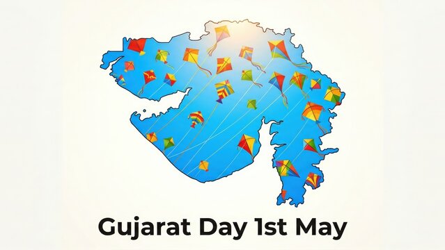 Vibrant Gujarat Day Map with Flying Kites &ndash; 1st May Festive Banner