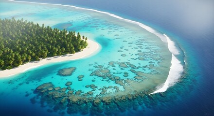 Obraz premium Aerial view of a tropical island paradise with lush green palm trees, a white sand beach, and a vibrant coral reef in crystal clear turquoise ocean water