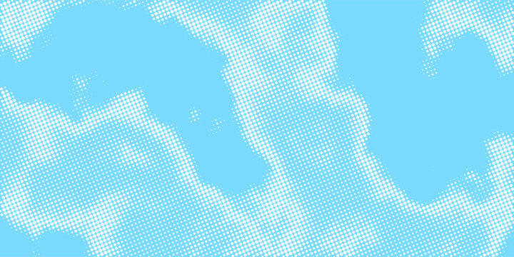 Halftone cloud background. White dotted clouds in blue sky. Comic pop art heaven wallpaper for banner, brochure, collage, poster, leaflet. Rasterized smoke, smog or fog texture. Vector illustration