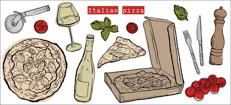 italian pizza vector set. one line hand drawn illustration with imperfect color fill. Pizza in box, slicer, tomatoes, basil, pepper mill, Silverware, wine bottle & wineglass. Editable isolated clipart
