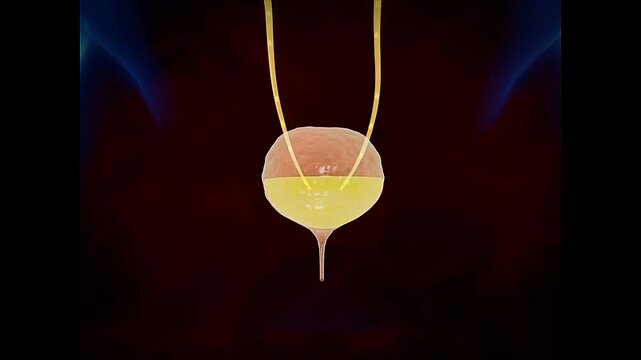3D animation showing micturition mechanism with bladder contraction and sphincter control.
