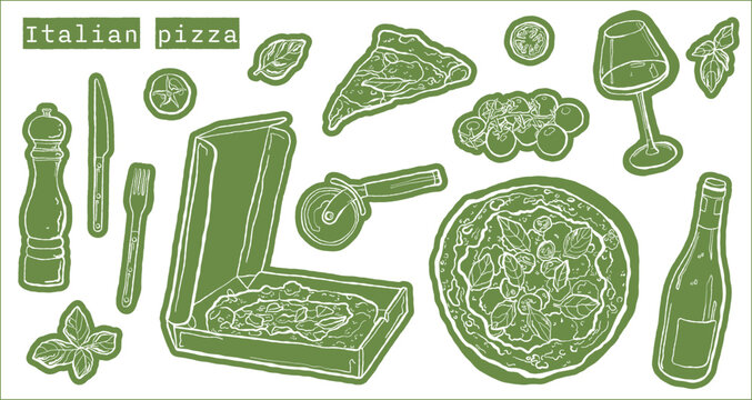 Italian pizza one line stickers hand drawn vector illustrations set. Pizza in box, slicer, tomatoes, basil, pepper mill, silverware, wine bottle, wineglass. Simple, clean and isolated editable clipart