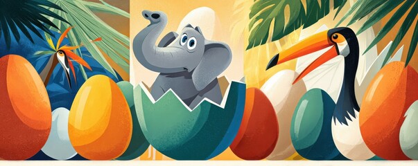 Obraz premium Cute elephant hatching from a teal egg among colorful tropical eggs and a toucan