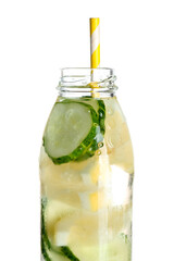 Bottle of lemonade with cucumber on white background
