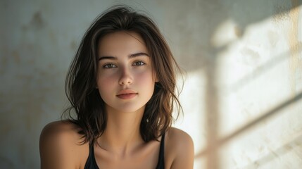 Fototapeta premium A relaxed female portrait, with natural light highlighting her features and soft background.