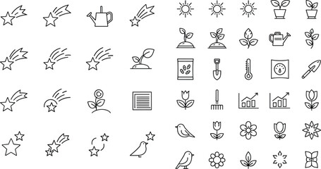Nature and gardening doodle icon set featuring plants, flowers, birds, stars, sun, tools and growth symbols in simple outline vector style © MstLinaAkter