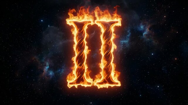 Fiery numeral two glows in orange and yellow against a dark cosmic backdrop, creating a striking visual of flames and celestial elements