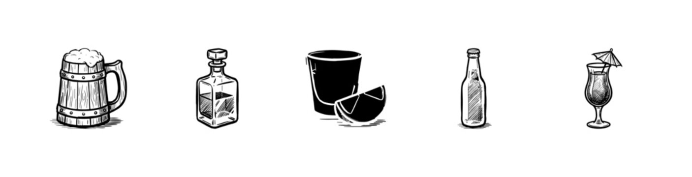 Assorted Alcoholic Beverages and Classic Bar Drinks in Detailed Hand-Drawn Engraved Sketch Style