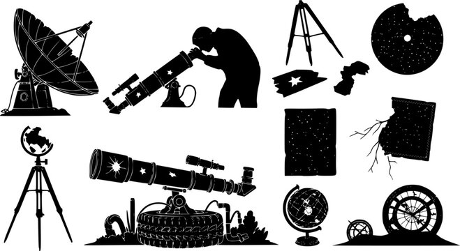Distressed astronomy equipment silhouettes: broken satellite dish, astronomer with telescope, makeshift tire scope,, isolated on white background
