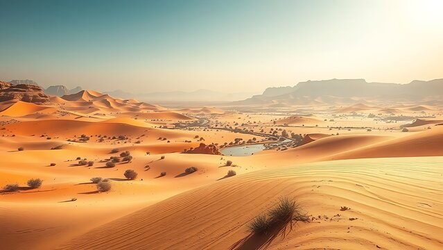 cyma. Mirage of an oasis over a desert landscape with heat distortion effect. ESG reports, sustainability campaigns, designed for sustainability communications and ESG reporting.