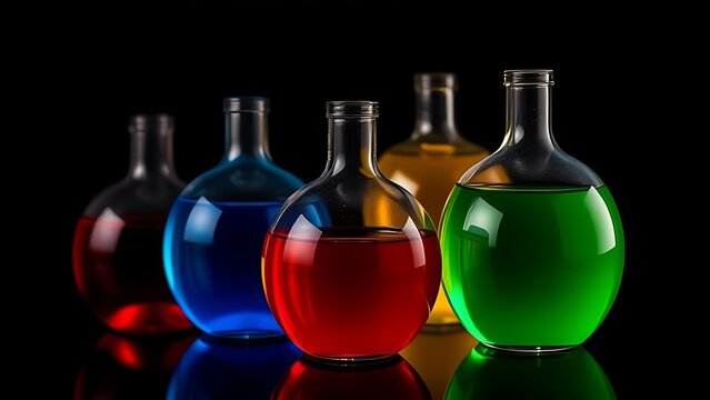demijohns. Colorful liquids in round glass demijohns creating light refraction, dark background, crisp details. STEM education sheets.