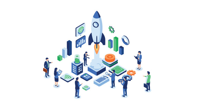 A dynamic isometric scene depicts a rocket ship launching amidst a busy group of business professionals managing various colorful data charts and gears.