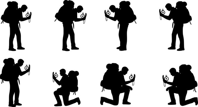 Flat vector illustration of black silhouette male figures, including hikers and travelers, consulting compasses for, isolated on white background
