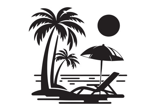 beach chair vector silhouette illustration logo, beach chair logo icon silhouette, tropical beach sunset scene palm trees beach chair and umbrella vector silhouette on white background