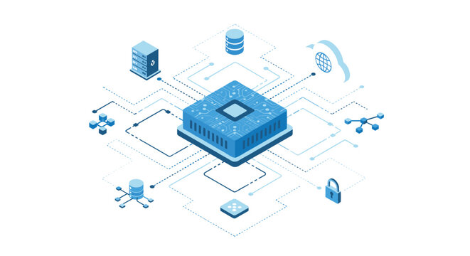 A meticulous isometric illustration shows a central blue computer processor unit connecting to various cloud storage and network security icons on white.