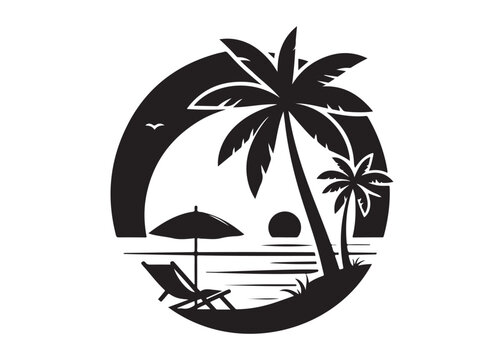beach chair vector silhouette illustration logo, beach chair logo icon silhouette, tropical beach sunset scene palm trees beach chair and umbrella vector silhouette on white background