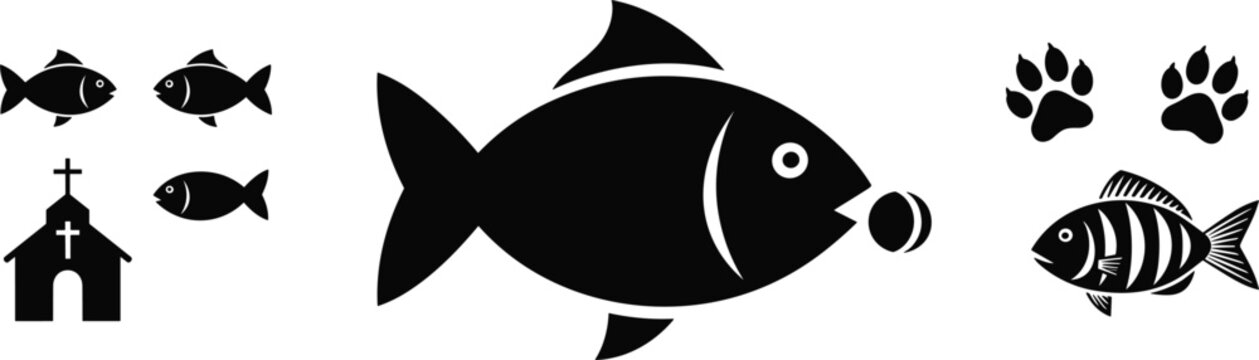 Black fish silhouette collection with aquatic animals, small and large fish, paw prints and church icon minimal vector illustration set
