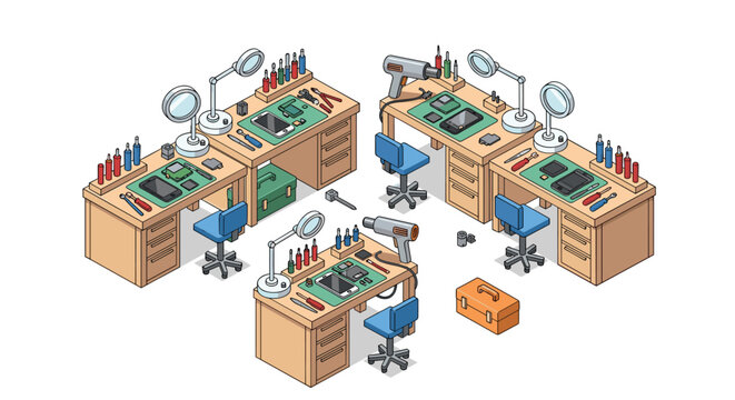 Meticulous isometric illustration of multiple wooden electronic repair stations equipped with blue swivel chairs and bright magnifying lamps on a white backdrop.