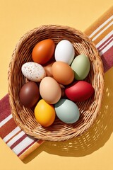 Fototapeta premium Colorful Easter eggs in a woven basket on a yellow background with a striped towel
