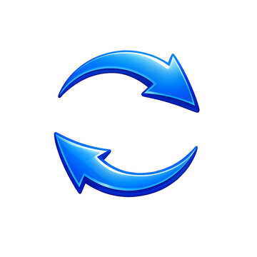 Blue circular arrows symbolizing exchange and recycling in a clockwise and counter direction on white background.